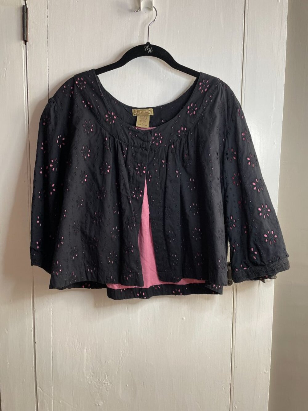 Art & Soul Black and Pink 100% Cotton Eyelet Embroidered Cropped Jacket Size XL